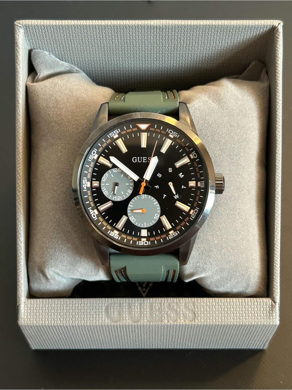 Guess Men's Black Dial Watch with Green Strap